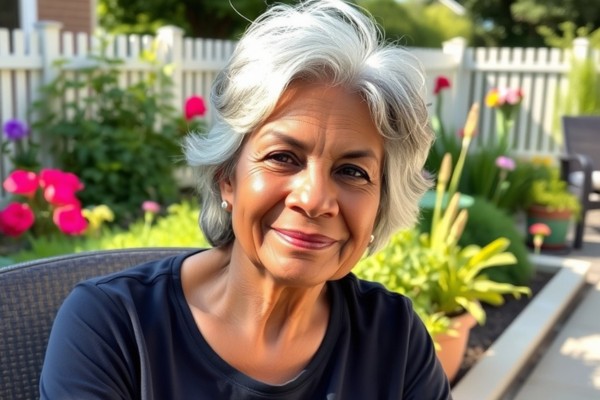 Picture of an older-looking lady sitting in her garden