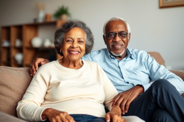 Picture of older couple sitting on a sofa in their home